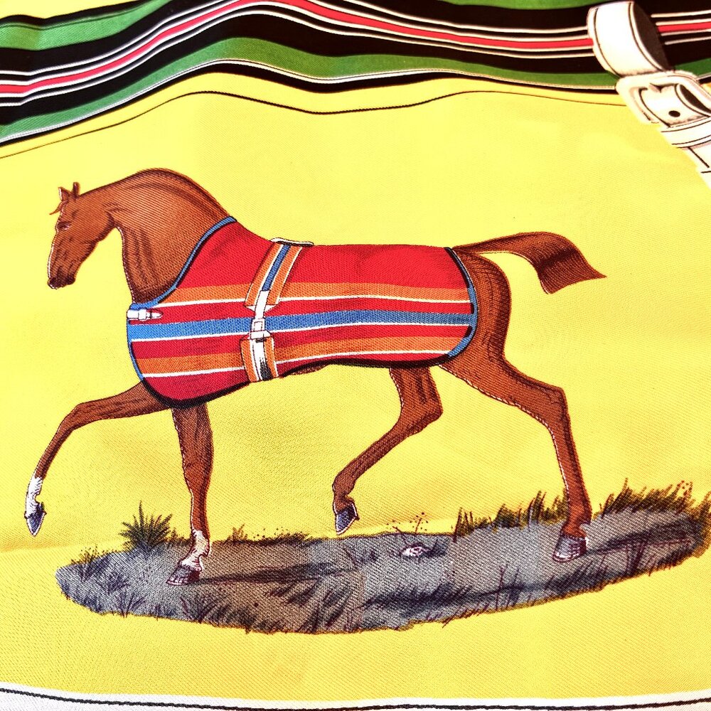 Hermes Paris 70's Scarf Yellow Silk Horses Couvertures Et Tenues De Jour New Box - Picture 8 of 16